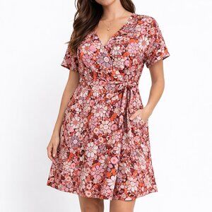 Monteau Los Angeles Floral Tie Waist Mini Dress Medium Pink Boho Festival 70's